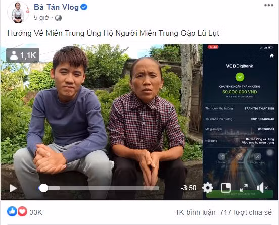 Bài viết của Bà Tân Vlog nhanh chóng nhận được sự quan tâm của cộng đồng mạng khi thu hút hơn 100 nghìn lượt tương tác và bình luận. Ngay sau đó, bà còn đăng tải hẳn một đoạn video ngắn nói về hành động quyên góp này.