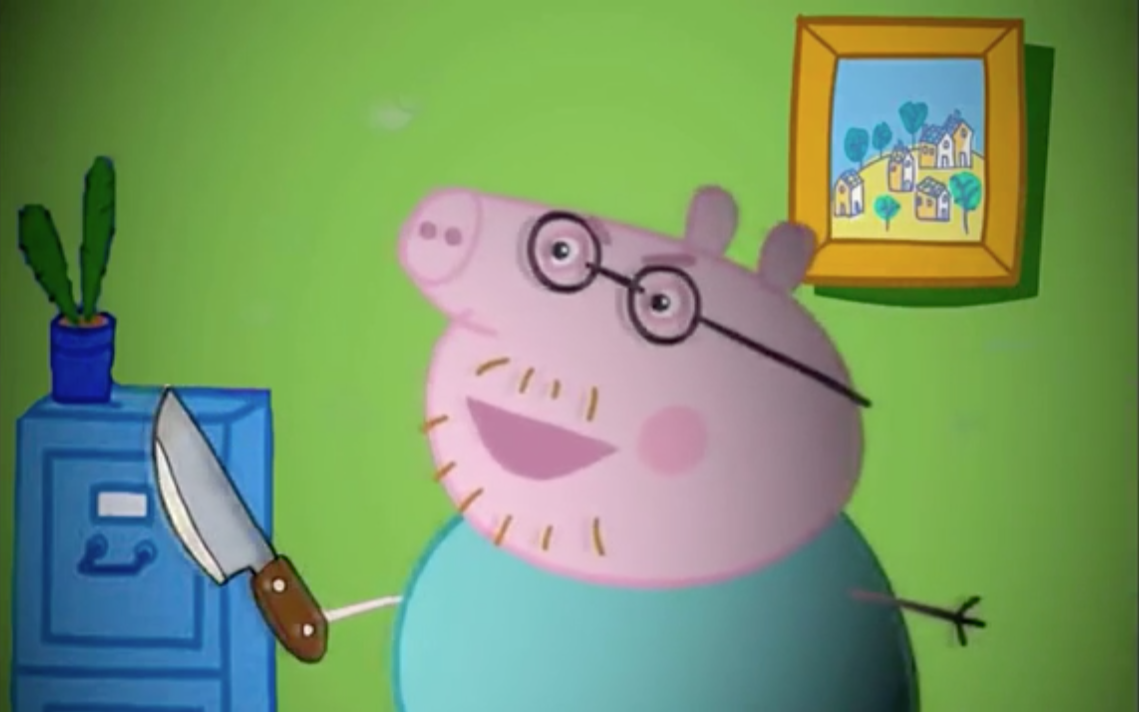 Những đoạn hình ảnh cầm vũ khí hay vật nhọn không còn xa lạ trong video Peppa Pig nhái.