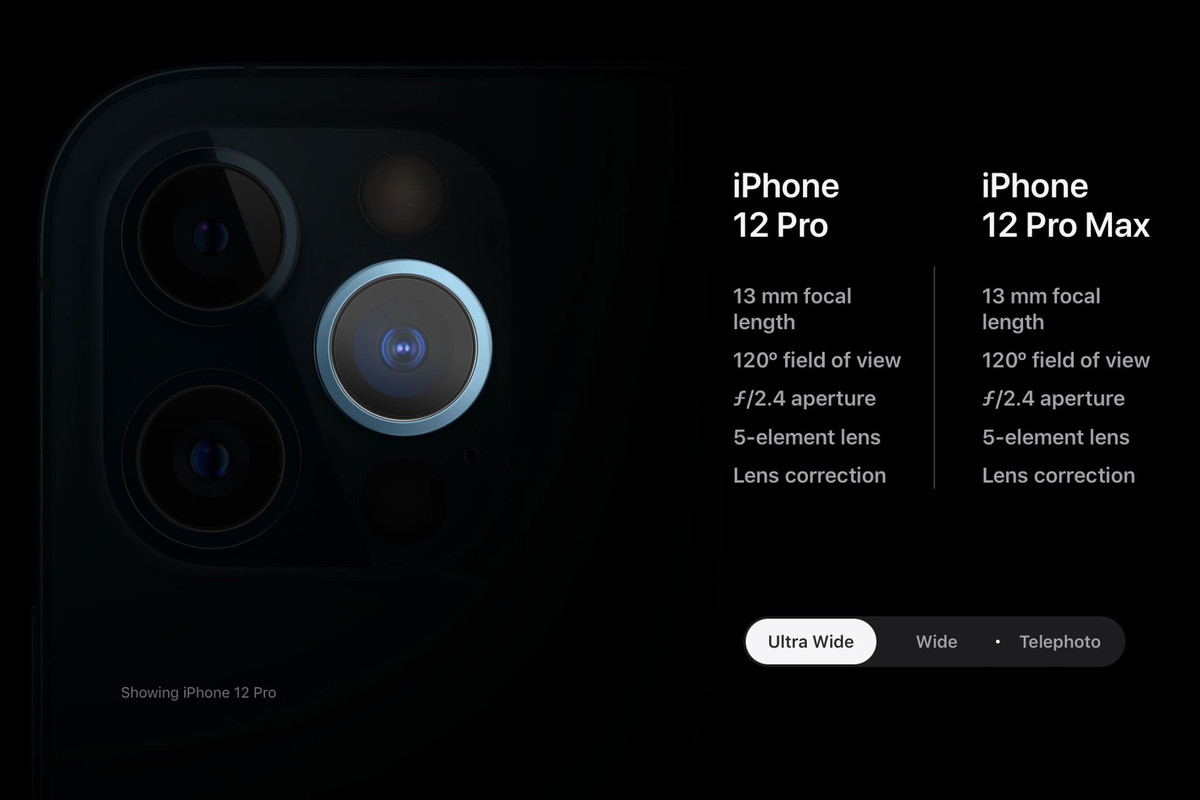 So sánh thông số kỹ thuật camera trên iPhone 12 Pro và iPhone 12 Pro Max. Camera Tele tiêu cự 52mm trên iPhone 12 Pro và 56mm trên iPhone 12 Pro Max.