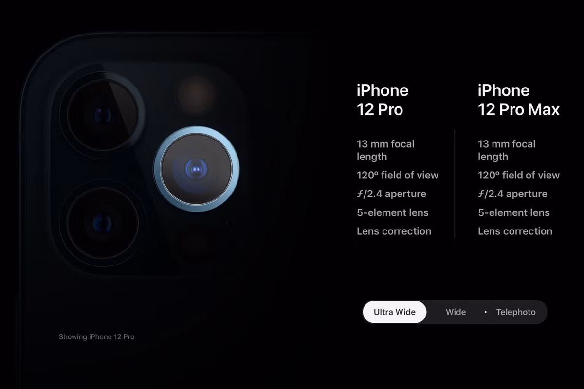 So sánh thông số kỹ thuật camera trên iPhone 12 Pro và iPhone 12 Pro Max. Camera Tele tiêu cự 52mm trên iPhone 12 Pro và 56mm trên iPhone 12 Pro Max.
