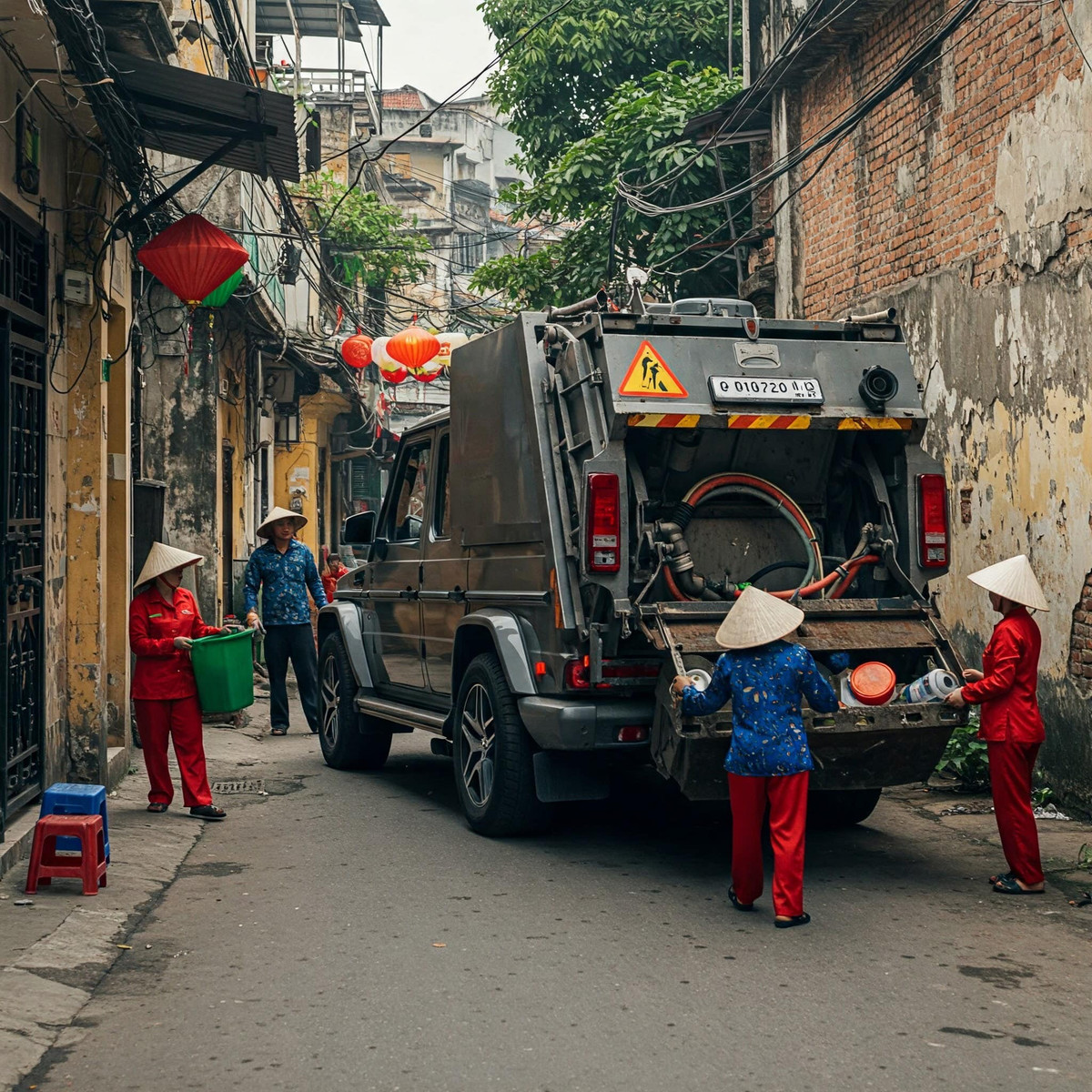 Chiếc "Mẹc" G-63 đời cũ, vốn là biểu tượng của giới thượng lưu, được “cải lùi” thành xe thu gom rác. Logo Spirit of Ecstasy trên nắp ca-pô được thay bằng hình tượng cô lao công quét rác đầy nghệ thuật. Khoang ghế sau, nơi từng là chỗ ngồi cho các ông chủ quyền lực, nay được chế thành thùng rác phân loại thông minh, có hệ thống cảm biến tự động mở nắp.