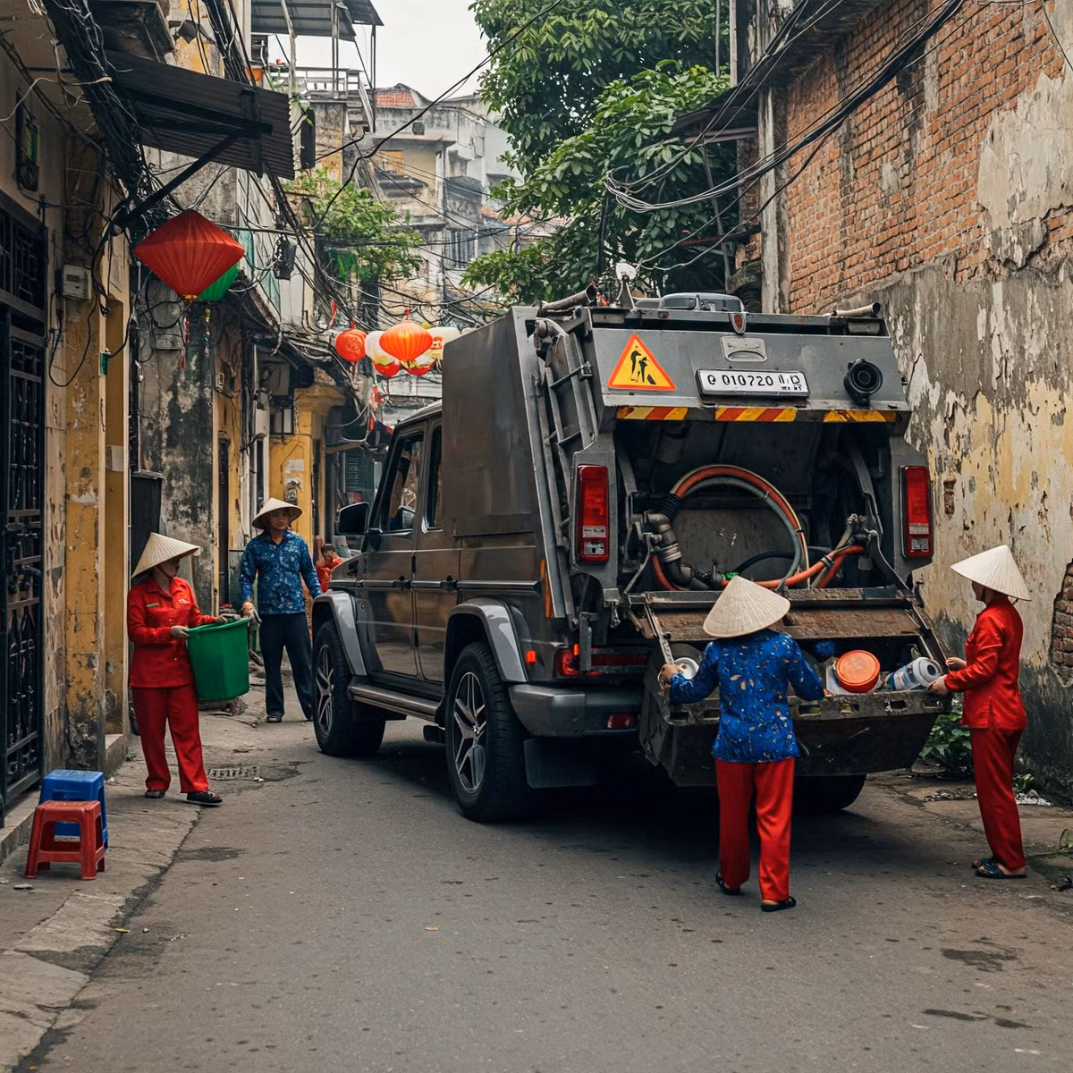 Chiếc "Mẹc" G-63 đời cũ, vốn là biểu tượng của giới thượng lưu, được “cải lùi” thành xe thu gom rác. Logo Spirit of Ecstasy trên nắp ca-pô được thay bằng hình tượng cô lao công quét rác đầy nghệ thuật. Khoang ghế sau, nơi từng là chỗ ngồi cho các ông chủ quyền lực, nay được chế thành thùng rác phân loại thông minh, có hệ thống cảm biến tự động mở nắp.