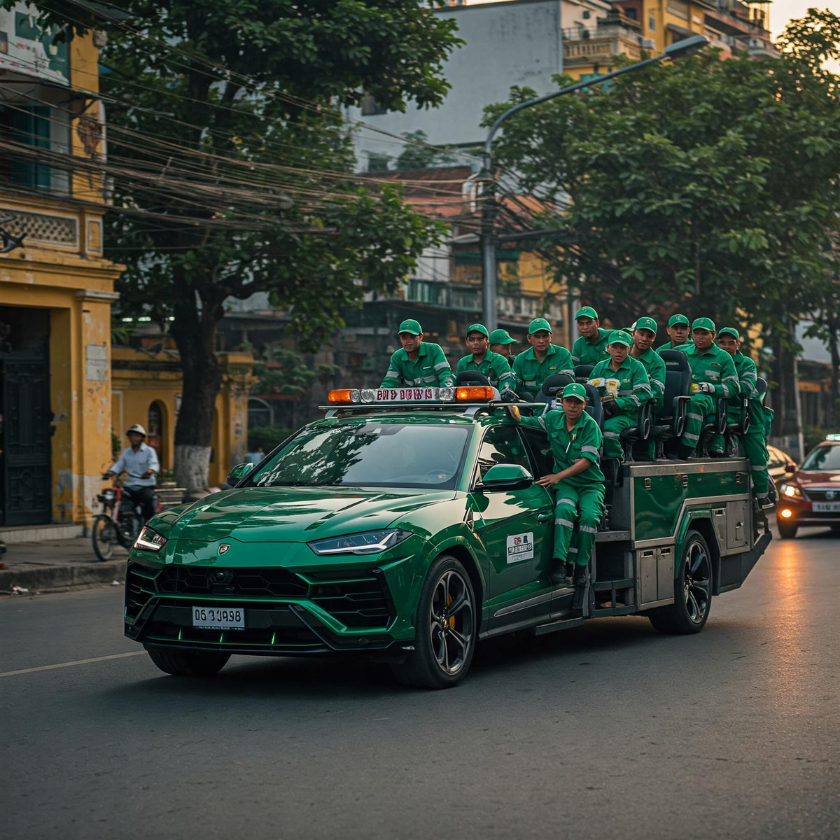 Vẫn là Uruk chở đội công nhân vệ sinh môi tường. Lần này "tiểu đội" không có mái che, nhưng được cái tầm nhìn thoáng đãng. Bộ ảnh này không chỉ gây bão trên mạng xã hội bởi tính hài hước và sáng tạo, mà còn lan tỏa một thông điệp ý nghĩa về sự bình đẳng và đóng góp cho xã hội.