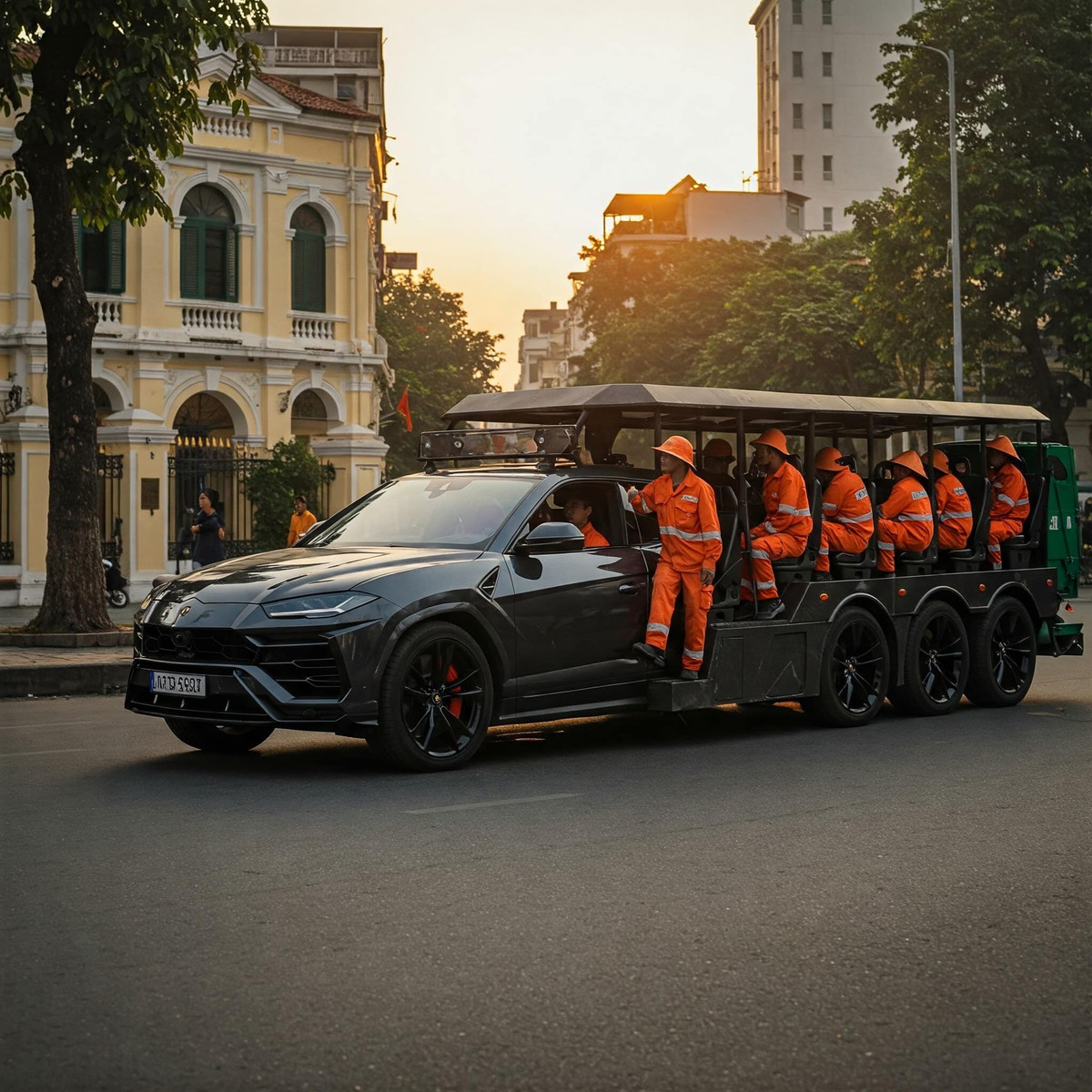 Chiếc SUV Uruk tốc độ cao được tận dụng làm xe đưa đón nhân viên vệ sinh môi trường. Các bác lao công ngày trước đạp xe đi làm, giờ ngồi trên "xe bò" Lanborghimi, cửa cắt kéo mở lên một cái là bước xuống như tài tử Hollywood.