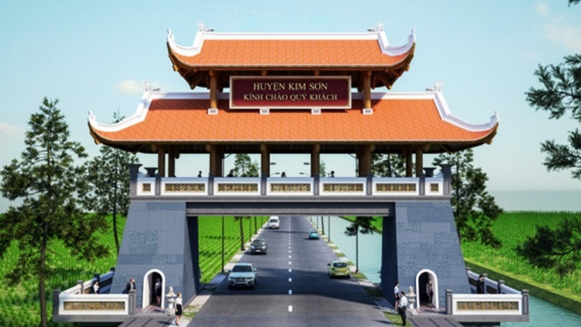 UBND huyện Kim Sơn (Ninh Bình) đang tiến hành thi công xây dựng cổng chào huyện trên quốc lộ 10, đoạn qua xã Ân Hòa. Cổng chào được đầu tư với số tiền 6 tỷ đồng từ nguồn xã hội hóa với chiều cao 17m, rộng 23m, dự kiến hoàn thành trong năm 2020.