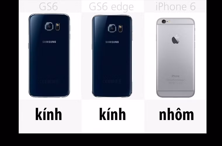  Mặt lưng: Với S6 và S6 Edge, Samsung đã từ bỏ chất liệu nhựa mà dùng kính Gorilla Glass 4 phủ lên mặt lưng tạo một cảm giác cao cấp chưa từng thấy trong các sản phẩm trước đây của hãng. Với iPhone 6, Apple vẫn trung thành với phẩm chất thiết kế nhôm nguyên khối của mình.