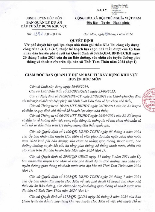 TP HCM: Công ty Phúc Trạch trúng gói thầu bảo dưỡng đường tại Thới Tam Thôn TP HCM: Cong ty Phuc Trach trung goi thau bao duong duong tai Thoi Tam Thon