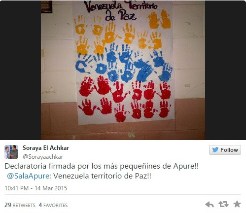 Trang web Infobae thậm chí đã đăng tải bức thư của chính phủ gửi tới một trường học ở thành phố Maturin, trong đó yêu cầu “các học sinh viết một bức thư gửi tới Tổng thống Mỹ đề nghị tôn trọng Venezuela. Các học sinh cũng có thể vẽ một số bức tranh phản đối quyết định của ông Obama”. Trên tài khoản Twitter của Thứ trưởng Bộ Giáo dục, Soraya El Achkar, đã đăng tải một số bức ảnh với ý nghĩa Venezuela là mảnh đất hòa bình.