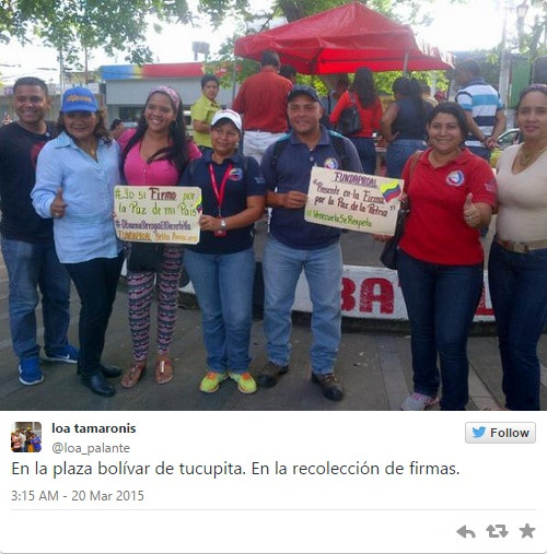 Vào thứ 4 (18/3), ông Maduro đã tuyên bố một chiến dịch thu thập chữ ký toàn cầu để gây áp lực lên Tổng thống Mỹ, buộc ông Obama hủy bỏ những lệnh trừng phạt đã ban bố. Với khẩu hiệu: “Venezuela không phải là một mối đe dọa, chúng tôi là hy vọng”, chiến dịch nhằm thu thập chữ ký của người dân Venezuela và những người ủng hộ quốc tế gửi tới Tổng thống Mỹ.