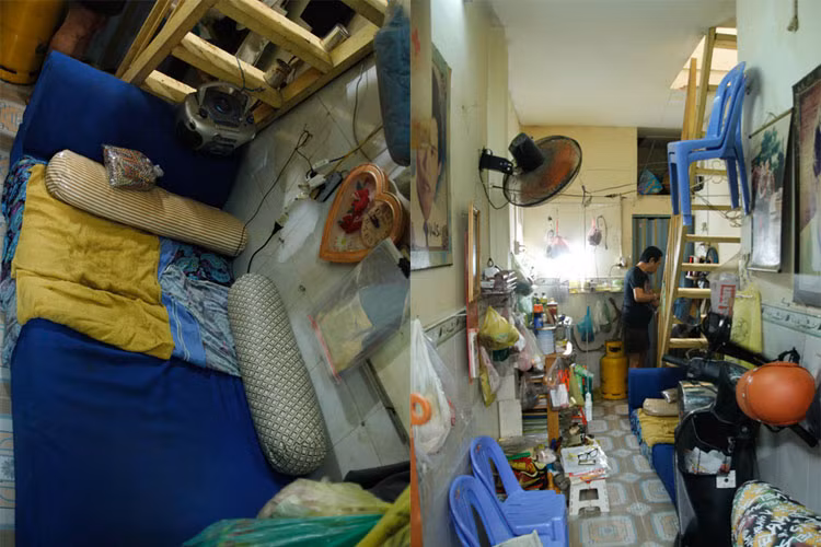 Trong nhà nhạc sĩ Vinh Sử, nhiều đồ đạc được treo lên tường để tiết kiệm diện tích. Cái nệm ngồi là ca sĩ Giao Linh đến thấy nhà đơn sơ nên mua tặng.