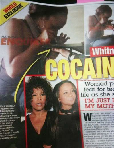 Năm 2011, Bobbi Kristina vướng nghi vấn sử dụng ma túy sau khi tạp chí National Enquirer đăng tải những bức hình của cô bên chất bột trắng vương vãi. Cô lên tiếng phủ nhận. Bobby cũng ủng hộ con gái: "Tôi không biết chuyện này là gì. Con gái tôi không làm điều đó". Tuy nhiên, Whitney Houston từ chối bình luận về bức ảnh.