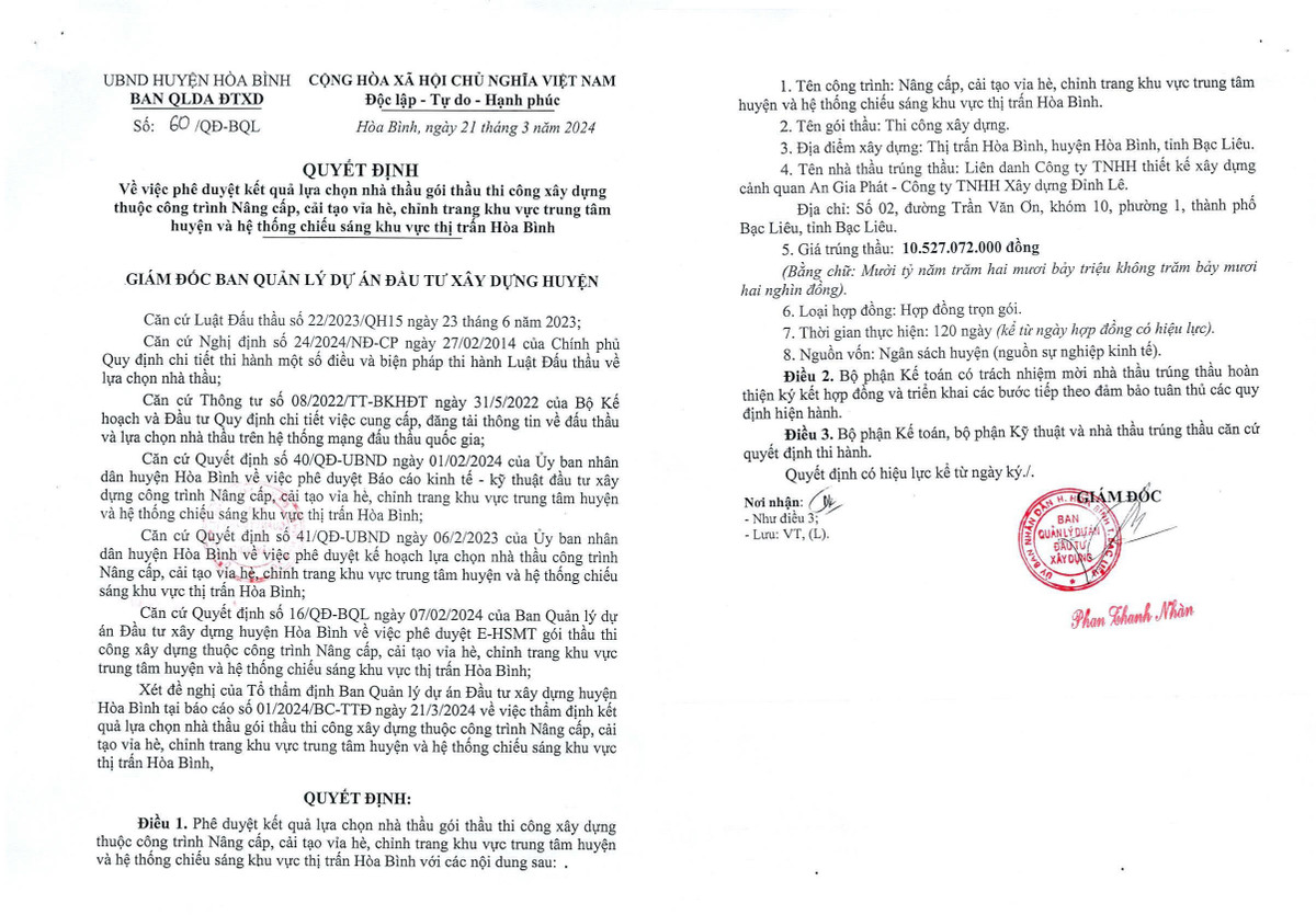 Bac Lieu: An Gia Phat - Dinh Le trung goi thau hon 10,5 ty dong