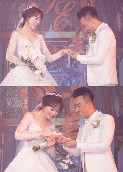 Đôi uyên ương trao nhẫn cưới. Trên sân khấu, chú rể đã hứa nuôi cô dâu suốt đời. ( Ảnh: Dân Việt)