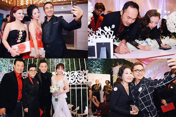 Hoài Linh, Hồ Ngọc Hà, Bằng Kiều, Thu Minh, Lý Hải, Thúy Nga, Đàm Vĩnh Hưng, Thu Trang - Tiến Luật, Cát Phượng, Lệ Quyên, Vân Sơn… đều xuất hiện tại tiệc cưới. (Ảnh: Zing)