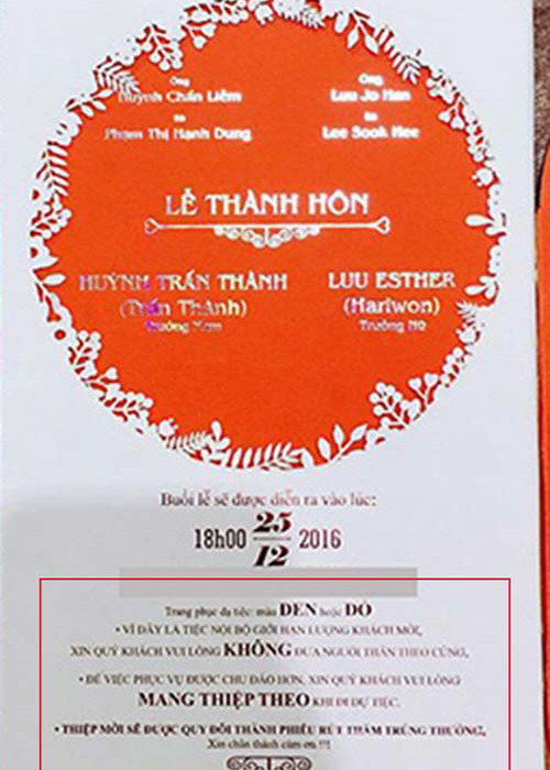 Được biết, các khách mời tham dự tiệc cưới của Trấn Thành - Hari Won phải mặc trang phục đỏ và đen, mang theo thiệp cưới cũng như không được đưa theo người thân đi cùng. (Ảnh: Khám Phá)