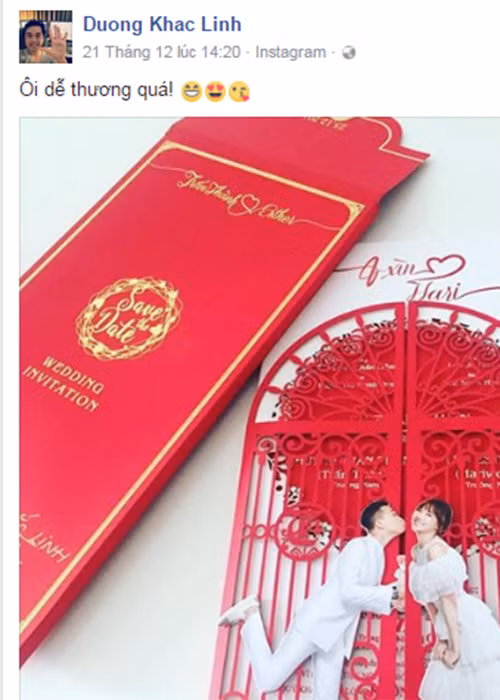 Danh sách 300 khách mời dự tiệc cưới Trấn Thành - Hari Won còn có tên nhạc sĩ Dương Khắc Linh. Trên trang cá nhân, nam nhạc sĩ dành lời khen cho tấm thiệp cưới dễ thương của đôi uyên ương. (Ảnh: Facebook Dương Khắc Linh)
