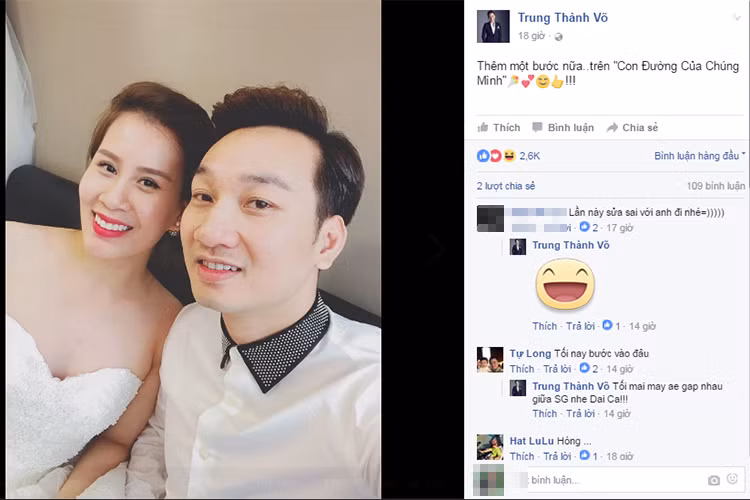 Mới đây, MC Thành Trung úp mở chuyện kết hôn lần 2 khi viết trên trang cá nhân:“Thêm một bước nữa trên con đường của chúng mình”. (Ảnh: Facebook nhân vật) 