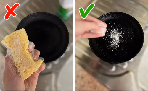 Chảo gang. Chảo gang là một trong những vật dụng không nên làm sạch thường xuyên. Bạn có thể làm sạch chảo bằng cách lau khô. Nếu rửa, bạn nên dùng dung dịch muối kosher thô thay vì các loại chất tẩy rửa bởi chúng có thể làm hỏng kết cấu chảo, không đảm bảo cho việc nấu nướng. Đáng lưu ý, bạn cần để chảo khô sau khi rửa bởi chỉ vài giọt nước cũng có thể làm chúng rỉ sét.