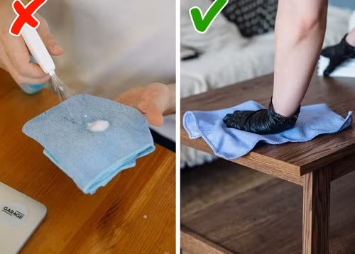 Đồ nội thất gỗ. Chuyên gia nội thất khuyên không nên lau đồ gỗ bằng các dung dịch xịt từ sáp. Hỗn hợp này có thể tạo ra sự tích tụ dầu, thu hút nhiều bụi bám vào bề mặt vật dụng hơn. Chất tẩy rửa cũng có thể ăn mòn và làm hỏng bề mặt gỗ.