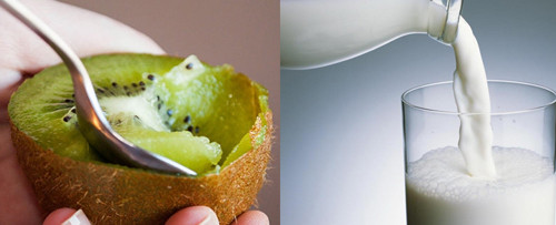 Kiwi và sữa không nên ăn cùng lúc. Phân tích thành phần từng thực phẩm, các nhà khoa học nhận thấy kiwi chứa lượng lớn vitamin C. Trong khi đó, sữa rất giàu đạm. Ăn cùng lúc khiến vitamin C phản ứng với protein gây tình trạng vón cục. Tình trạng này ảnh hưởng đến quá trình tiêu hóa, thậm chí gây rối loạn tiêu hóa với các triệu chứng như đau bụng, tiêu chảy.