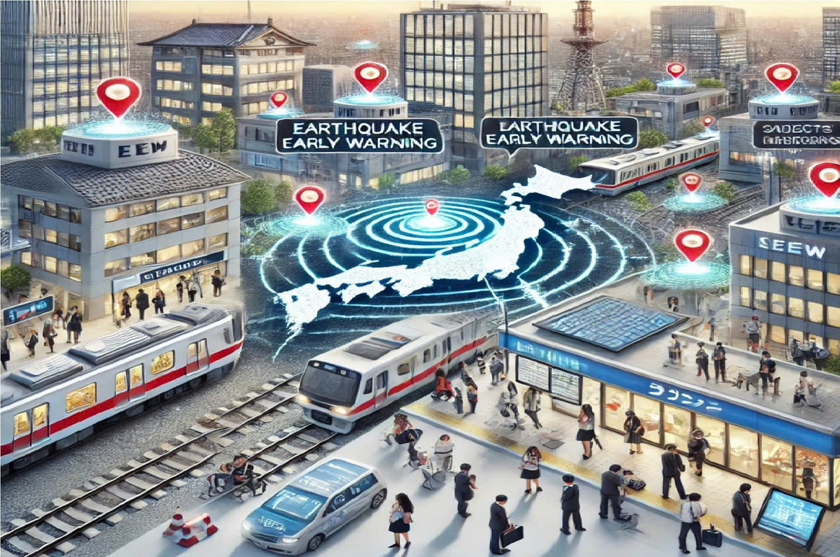 Không chỉ cảnh báo cho cá nhân, hệ thống còn hỗ trợ các cơ sở hạ tầng quan trọng như tàu điện, nhà máy, và các tòa nhà cao tầng tự động ngừng hoạt động hoặc kích hoạt các biện pháp bảo vệ ngay khi nhận được cảnh báo. Ảnh Tạo AI - Tuệ Minh