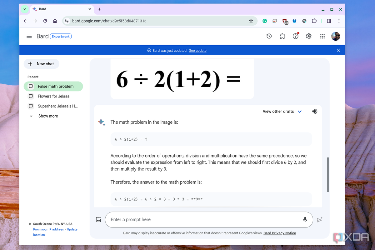 Dù thông minh nhưng Google Bard (tiền thân của Gemini) vẫn không thể giải được phép toán nói trên. Ảnh XDA