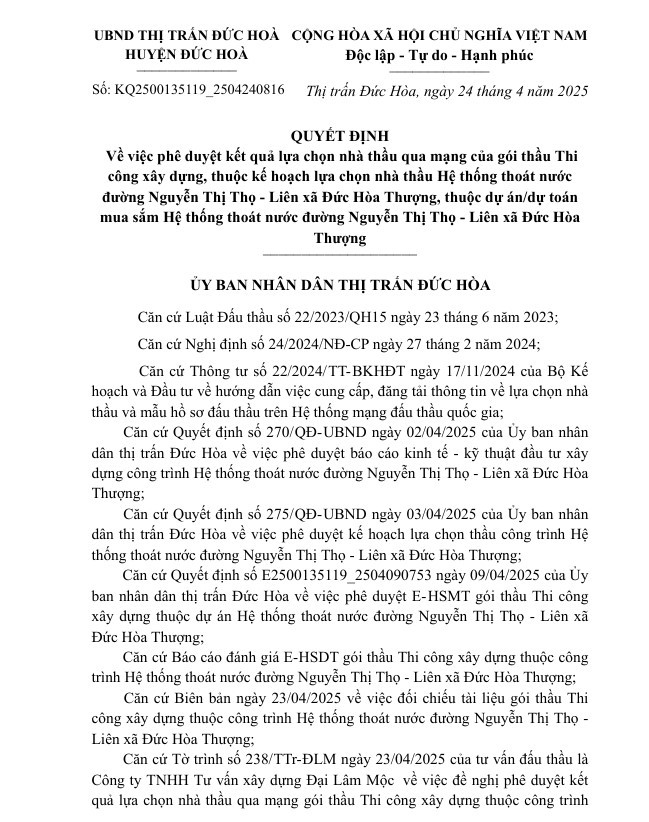 Long An: Đức Hòa Đức Minh trúng gói thầu hệ thống thoát nước hơn 4,8 tỷ Long An: Duc Hoa Duc Minh trung goi thau he thong thoat nuoc hon 4,8 ty