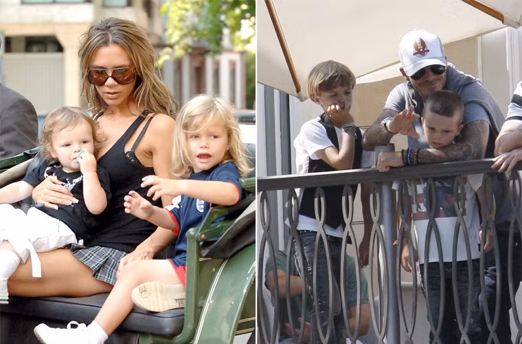 Victoria Beckham đưa hai con trai Cruz và Romeo (tóc dài) đi chơi ở Baden, Đức hồi tháng 6/2006 (trái). Tháng 5/2010, David Beckham đưa hai cậu con trai Cruz và Romeo đi xem buổi biểu diễn của anh em nhà Jonas ở Los Angeles.