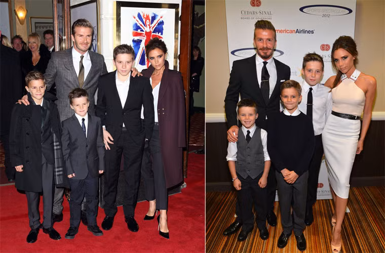 David và vợ đưa ba con trai tới dự buổi công chiếu Viva Forever tháng 12/2012 (trái). Trước đó, tháng 5/2012, 5 người nhà Beck-Vic lại cùng nhau tới dự buổi lễ Sports Spectacular.