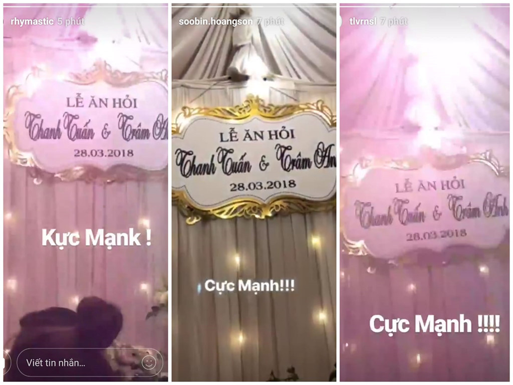 Hai producer đình đám Touliver, Rhymastic cùng nam ca sĩ Soobin Hoàng Sơn cùng chia sẻ tại story Instagram không khí tại lễ ăn hỏi Trâm Anh - JustaTee.