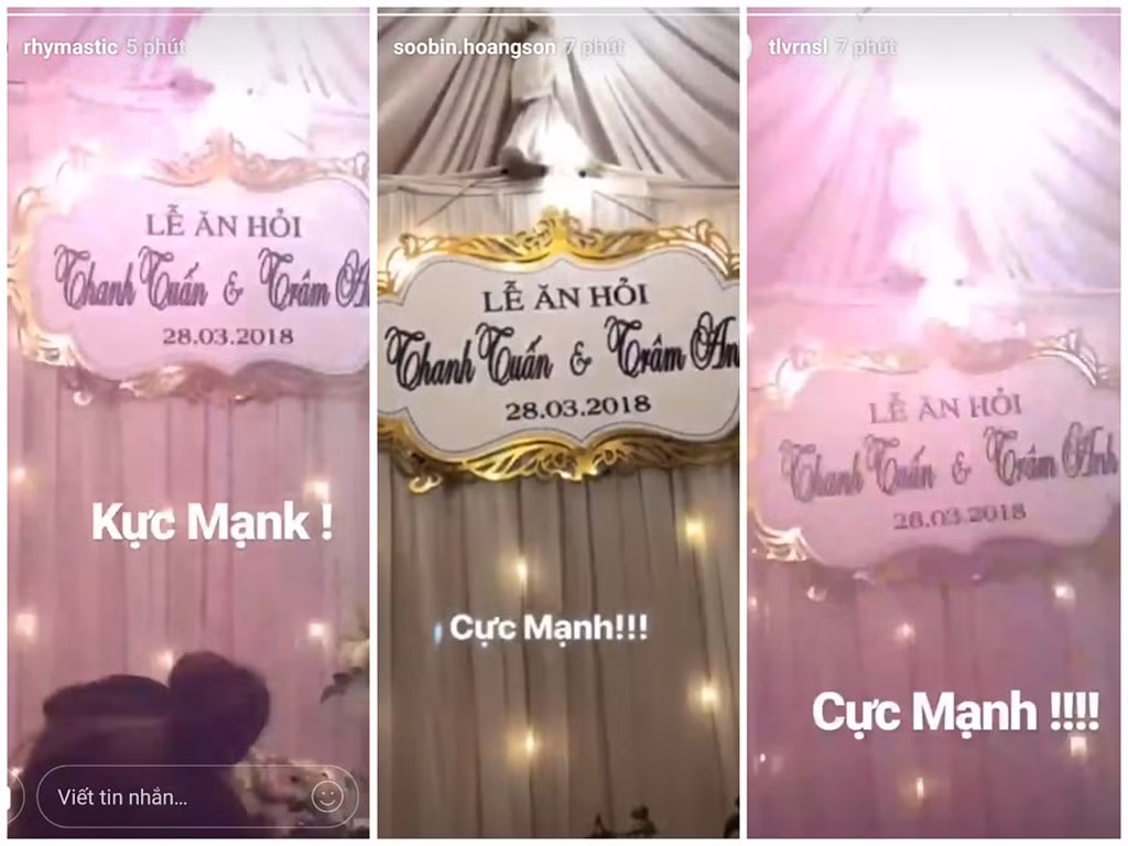 Hai producer đình đám Touliver, Rhymastic cùng nam ca sĩ Soobin Hoàng Sơn cùng chia sẻ tại story Instagram không khí tại lễ ăn hỏi Trâm Anh - JustaTee.