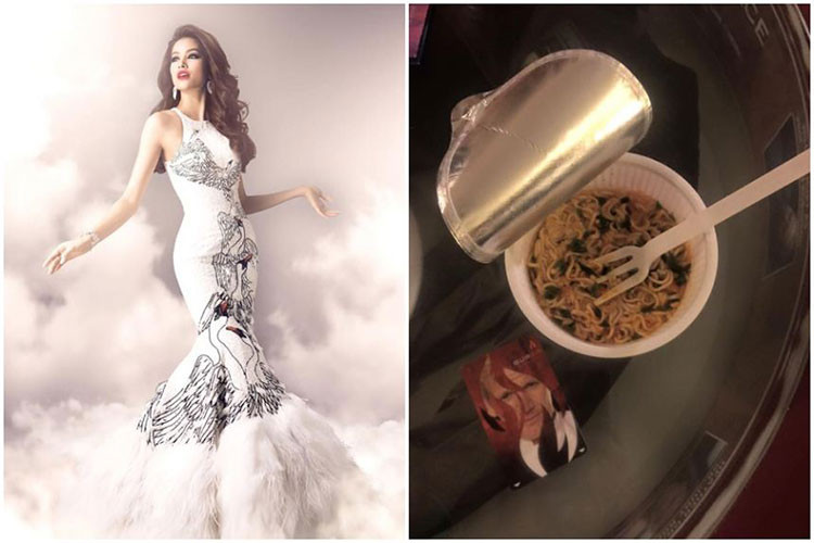 Khi sang Mỹ tham gia Hoa hậu Hoàn vũ Thế giới 2015, Phạm Hương tự mình làm tất cả. Và do lịch hoạt động dày đặc, người đẹp sinh năm 1991 thường chọn mì ăn liền, dẫn đến bị sút cân Ảnh: Phụ nữ gia đình