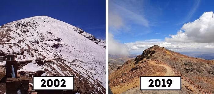 5. Sông băng Chacaltaya ở Bôlivia: Sông băng này hình thành từ hơn 18.000 năm trước và là một trong những cao nhất ở Nam Mỹ. Kể từ năm 1980 cho đến năm 2009, sông băng nhanh chóng bị biến mất hoàn toàn do sự nóng lên toàn cầu.