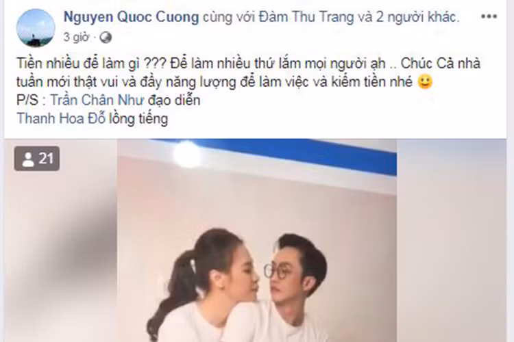 Mới đây, trên trang cá nhân, Cường Đô la trả lời câu hỏi ông vua cà phê Đặng Lê Nguyên Vũ "Tiền nhiều để làm gì" đồng thời khoe ảnh bên Đàm Thu Trang.