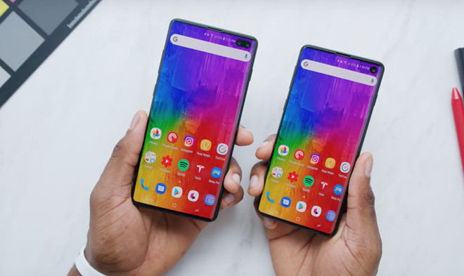 Theo đó, hai mô hình này có thiết kế đúng như những thông tin đã rò rỉ trước đây. Galaxy S10+ có màn hình lớn, tràn viền. Điểm nổi bật của model này đến từ màn hình “nốt ruồi”, có thể chứa camera selfie kép. Trong khi đó, Galaxy S10 chỉ có một camera selfie.