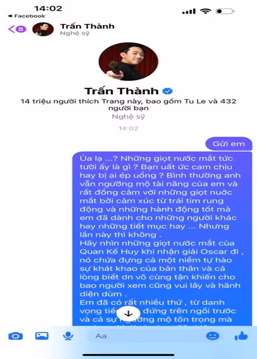 Nguyên Vũ còn gửi tin nhắn trực tiếp đến Trấn Thành nhưng chưa nhận được phản hồi từ đàn em. Ảnh: Dân Việt