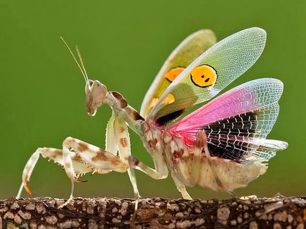 Bọ ngựa cánh xanh điểm mặt cười giống như một kiệt tác của thiên nhiên, không những thế cánh của nó còn được tạo hóa "vẽ" thêm hình mặt cười smiley vô cùng đáng yêu.
