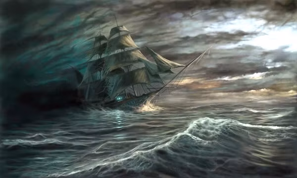 Khoảnh khắc cơ thể của phiến quân chạm mặt nước, một tiếng nói kì bí xuất hiện, đưa ra lời nguyền rủa về hành động của vị thuyền trưởng: "Ngươi sẽ phải lái thuyền trên đại dương vĩnh viễn với một đoàn người chết ma quái mang đến cái chết cho tất cả những ai nhìn thấy con tàu của ngươi và không bao giờ được cập cảng…"