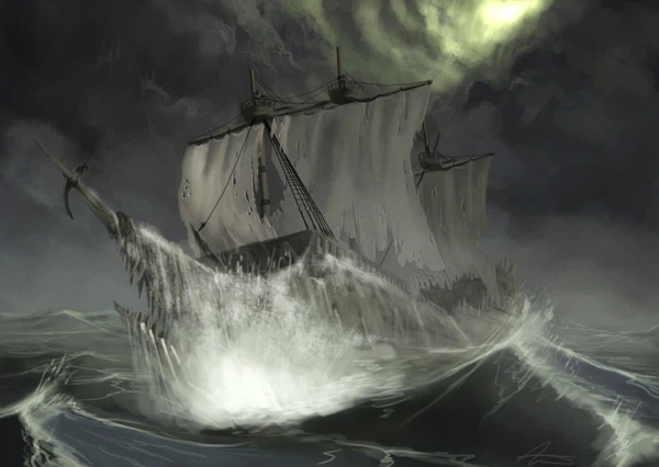 Khi con tàu bắt đầu vòng qua Mũi Hảo vọng, đột nhiên, một cơn gió giật khủng khiếp xuất hiện, đe dọa lật úp con tàu và nhấn chìm tất cả. Tình thế nguy cấp, các thủy thủ thúc giục thuyền trưởng quay lại nhưng thuyền trưởng van der Decken từ chối.