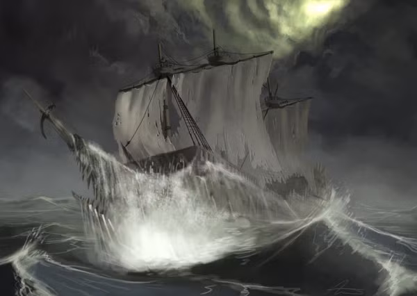 Khi con tàu bắt đầu vòng qua Mũi Hảo vọng, đột nhiên, một cơn gió giật khủng khiếp xuất hiện, đe dọa lật úp con tàu và nhấn chìm tất cả. Tình thế nguy cấp, các thủy thủ thúc giục thuyền trưởng quay lại nhưng thuyền trưởng van der Decken từ chối.