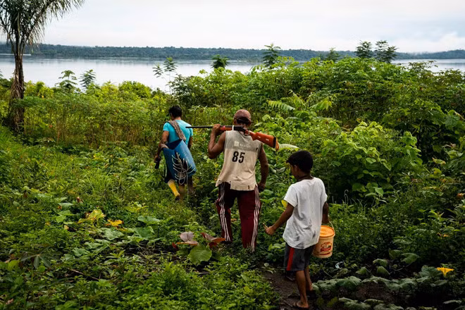 Bây giờ, nước từ con sông tưới tắm cho trang trại của họ, nuôi dưỡng con cá họ ăn và duy trì sự sống cho những động vật họ săn bắt. Trong ảnh là những người đàn ông của bộ lạc Munduruku trên đường đi săn.