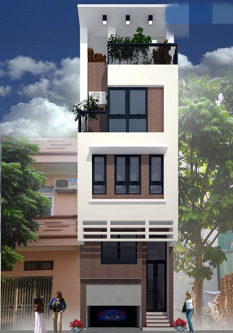 Mặt tiền ngôi nhà thiết kế hiện đại, chiều cao các tầng vừa phải. Tầng trệt vừa có thể làm gara, vừa có thể là kho chứa đồ. Ảnh: Ktshanoi.