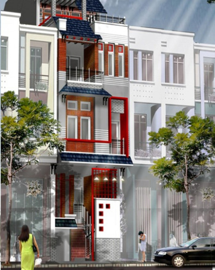 Màu đỏ cho ngôi nhà 5 tầng bắt mắt giữa phố. Ảnh: Noithatdongtay.