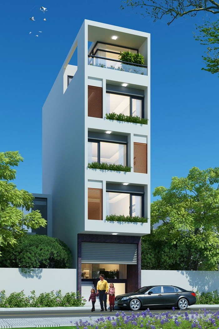 Lan can kính kết hợp với khoảng sân nhỏ, cây xanh mang đến diện mạo mới mẻ cho ngôi nhà 5 tầng. Ảnh: Thietkebietthudep.