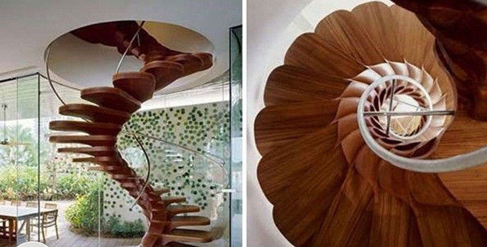 Cầu thang xương xoáy bắt mắt, uốn lượn độc đáo, giúp tiết kiệm không gian căn phòng. Ảnh: Nhomkinhviet.