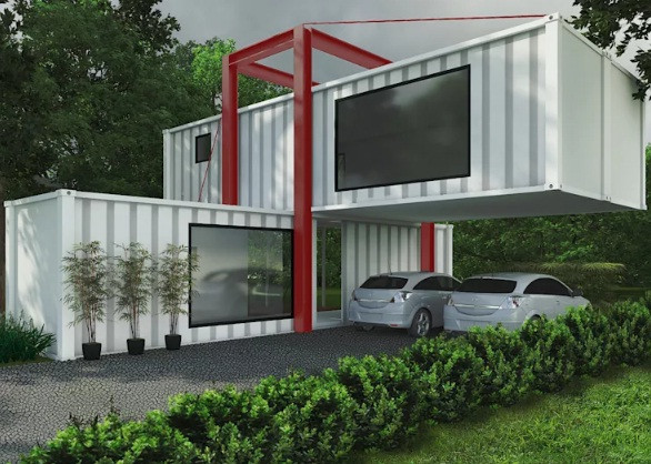 Nhà container kết hợp từ 2 modul container loại lớn, ghép vào nhau theo phương pháp xếp chồng vắt chéo, có bộ khung thép cố định.