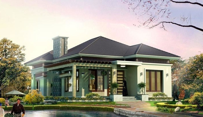 Biệt thự nhà vườn 1 tầng với phía bên trái thiết kế ao nhỏ, trồng hoa xung quanh, phía sau ao giáp với gần nhà là khu vực sân vườn và cũng được bố trí thêm 1 sân chơi ngồi uống nước. Ảnh: vtkong.