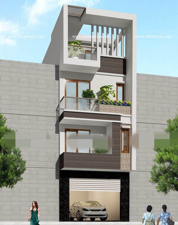 Mặt tiền ngôi nhà được thiết kế theo phong cách hiện đại, nhiều màu sắc. Các mảng tường trang trí tạo điểm nhấn bằng màu trắng kem và màu nâu, đen. Ảnh: Kientrucla.