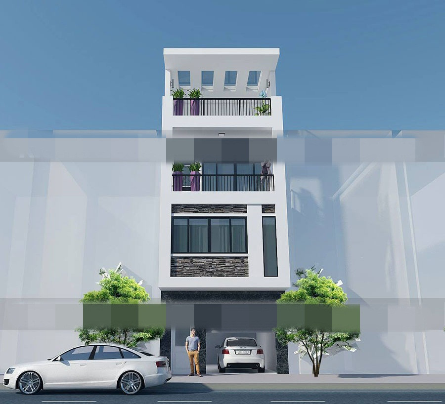 Nhà 4 tầng khoáng đạt với các mảng tường ốp gạch trang trí. Ảnh: Kientrucdm.