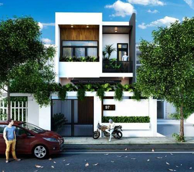 Thiết kế nhà phố 1 trệt 1 lửng diện tích 50m2 mang hơi hướng kiểu Pháp nhờ các chi tiết hoa văn tinh tế. Ảnh: Arhome.